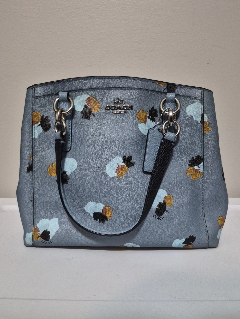 COACH Light Blue Floral Satchel with Gold Accents #B1780 38147